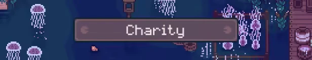 Mudborne: Pixel art scene with jellyfish, a wooden dock, and "Charity" in white text on a sign.