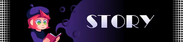 MUSESTRUCK: Character with red hair and green glasses reads a book; "STORY" text in bold.