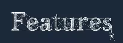 Features Spiderwebs – Mutter Mutter: The word "Features" in white, web-like letters with spider webs and a hanging spider.