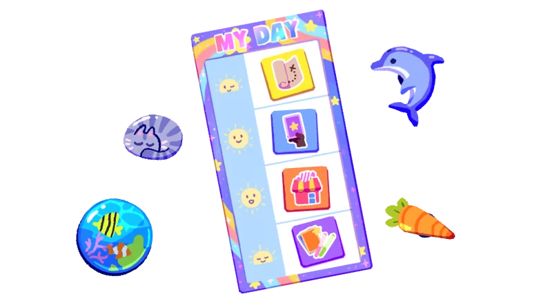 My Card Is Better Than Your Card!: Colorful "MY DAY" card with icons, dolphin, carrot, fish.