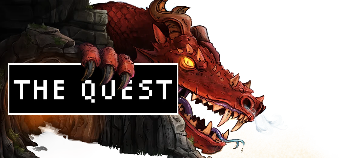 My Friend, Dysentery: Pixel text “THE QUEST” beside red dragon head and claws.