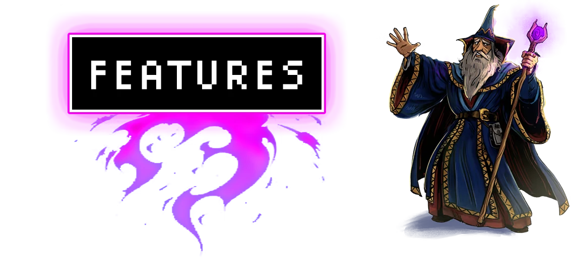 My Friend, Dysentery: Pixel “FEATURES” sign with purple smoke and robed wizard holding staff.