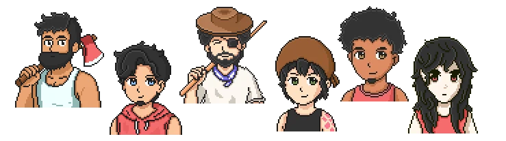 Character Lineup – My Heaven's Dale My Heaven's Dale: Six pixel art characters, including a lumberjack, cowboy, and others in varied attire.