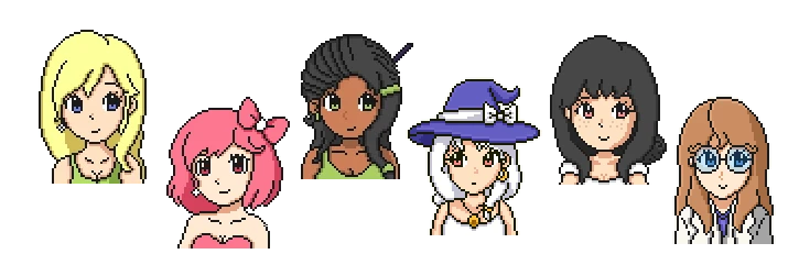 Character Portraits – My Heaven's Dale My Heaven's Dale: Pixel art of six diverse characters with distinct hairstyles and outfits.