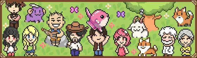 Characters Group Shot – My Heaven's Dale My Heaven's Dale: Pixel characters and animals on grass with flowers and butterflies.