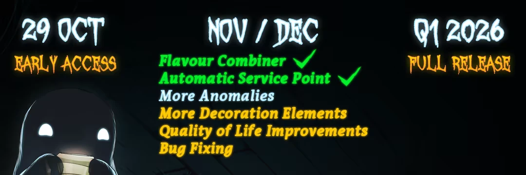 My Little Cafe Nightmare: Ghostly figure holds paper, text lists updates and release dates.