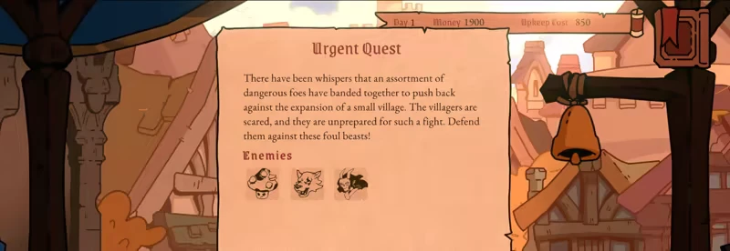 My Lord Is Hiring: Urgent Quest notice with enemy icons and town background, day 1, money 1900.