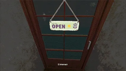My Lovely Flower: Wooden door with "OPEN" sign, purple text, flower graphic, "E Interact" prompt.