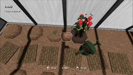 My Lovely Flower: A PS1-style greenhouse with red roses, soil patches, and a green watering can.