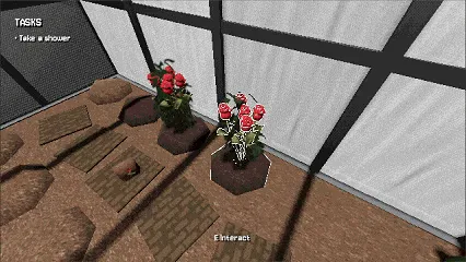 My Lovely Flower: Red roses in pots, task list "Take a shower," and "E Interact" prompt visible.