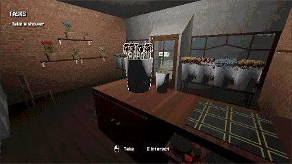 My Lovely Flower: A dim flower shop with potted plants, a task list, and "Take" and "Interact" prompts.