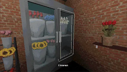 My Lovely Flower: A brick-walled shop with a glass fridge holding red, blue, and white flowers.