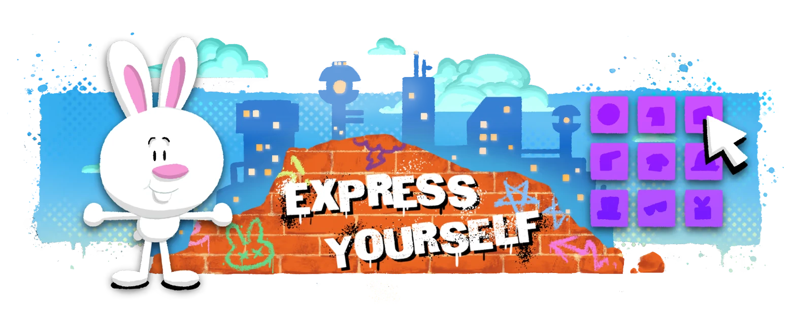 Express Yourself Menu – My Pet Hooligan My Pet Hooligan: Bunny beside “EXPRESS YOURSELF” graffiti wall and purple icon grid.