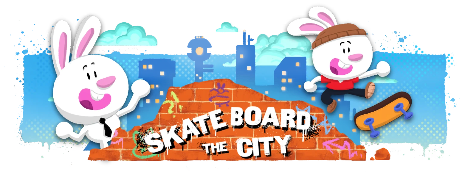 Skateboard City Banner – My Pet Hooligan My Pet Hooligan: Two cartoon rabbits by graffiti text “SKATEBOARD THE CITY” and a skateboard.