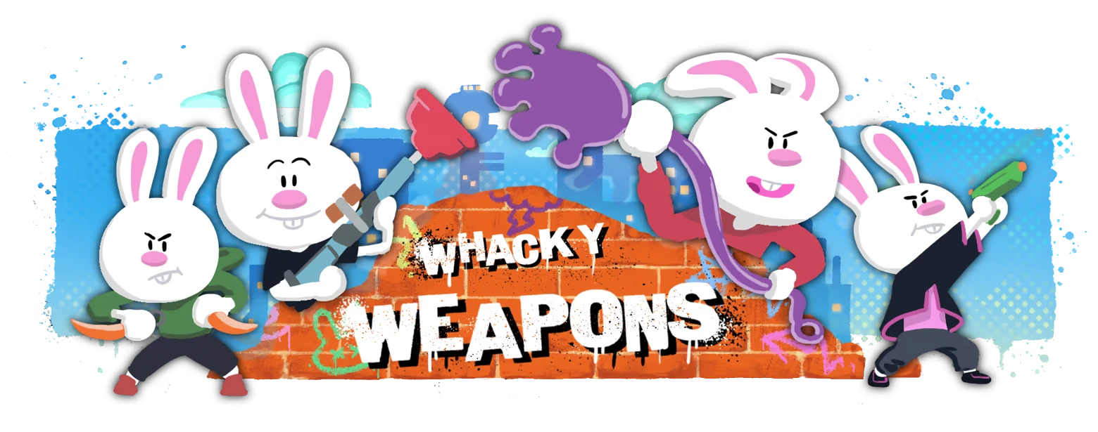 Whacky Weapons Banner – My Pet Hooligan My Pet Hooligan: Rabbits with paint weapons around “WHACKY WEAPONS” graffiti text.