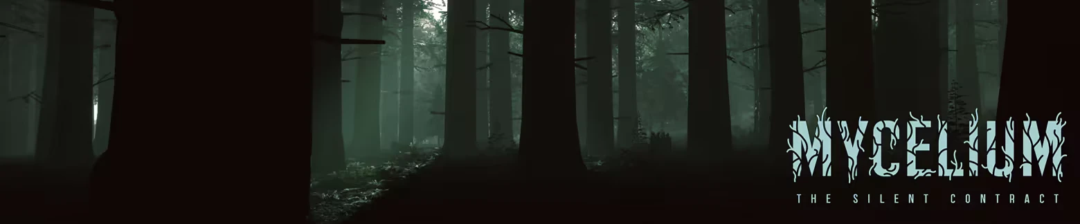 Mycelium: Dark forest with tall trees; title text "MYCELIUM" in stylized font at bottom right.