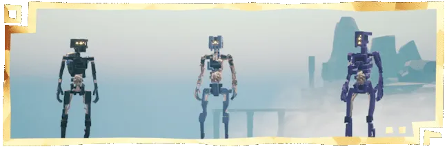 MycoRelic: Three robotic figures with glowing eyes stand against a misty, mountainous backdrop.