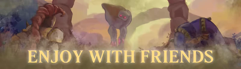 Mythbreak: Gold serif text “ENJOY WITH FRIENDS” over three fantasy creatures in grass.