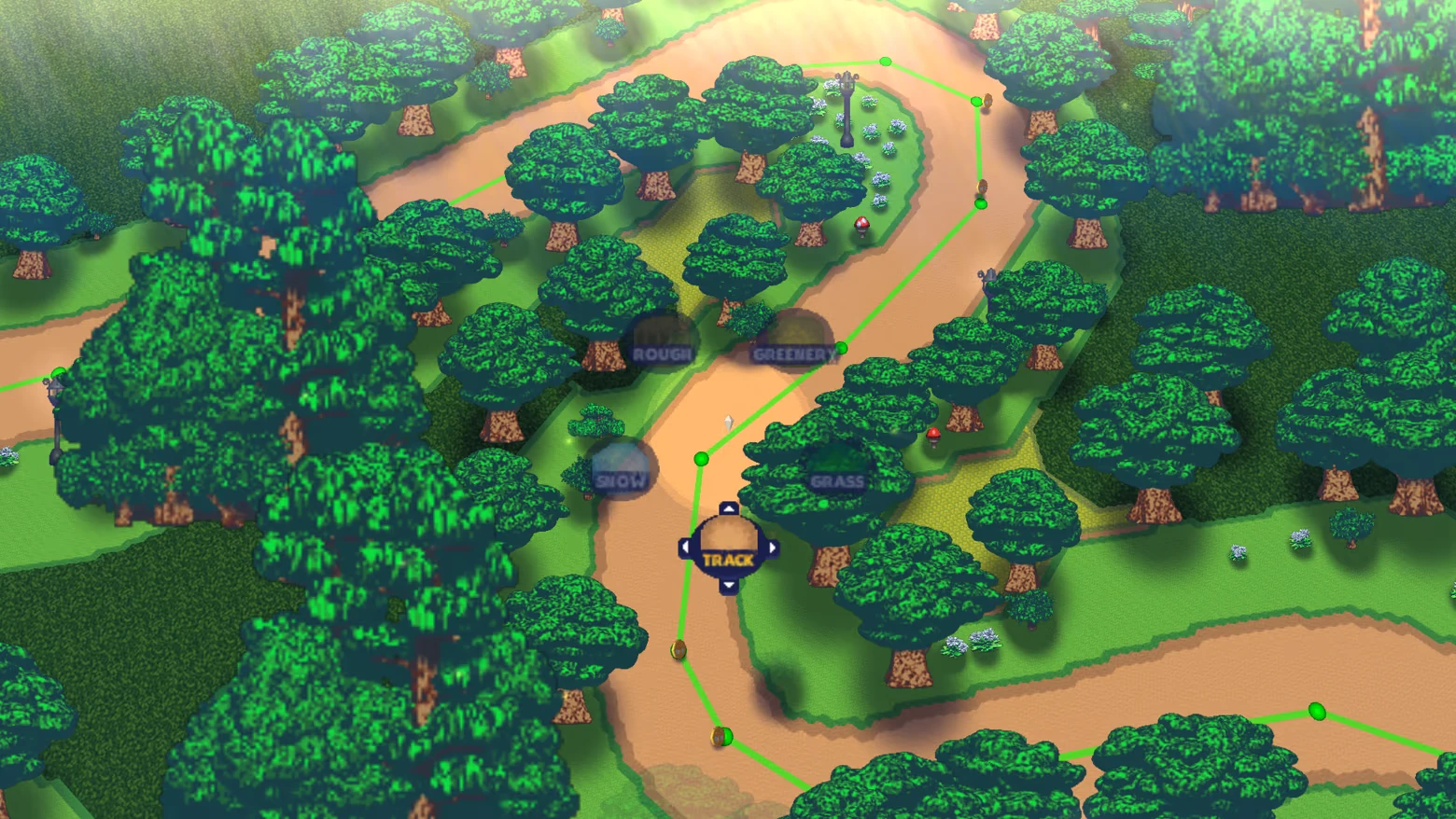 Mythic Kart Maker: Forest track editor view with green path nodes and “TRACK” label.