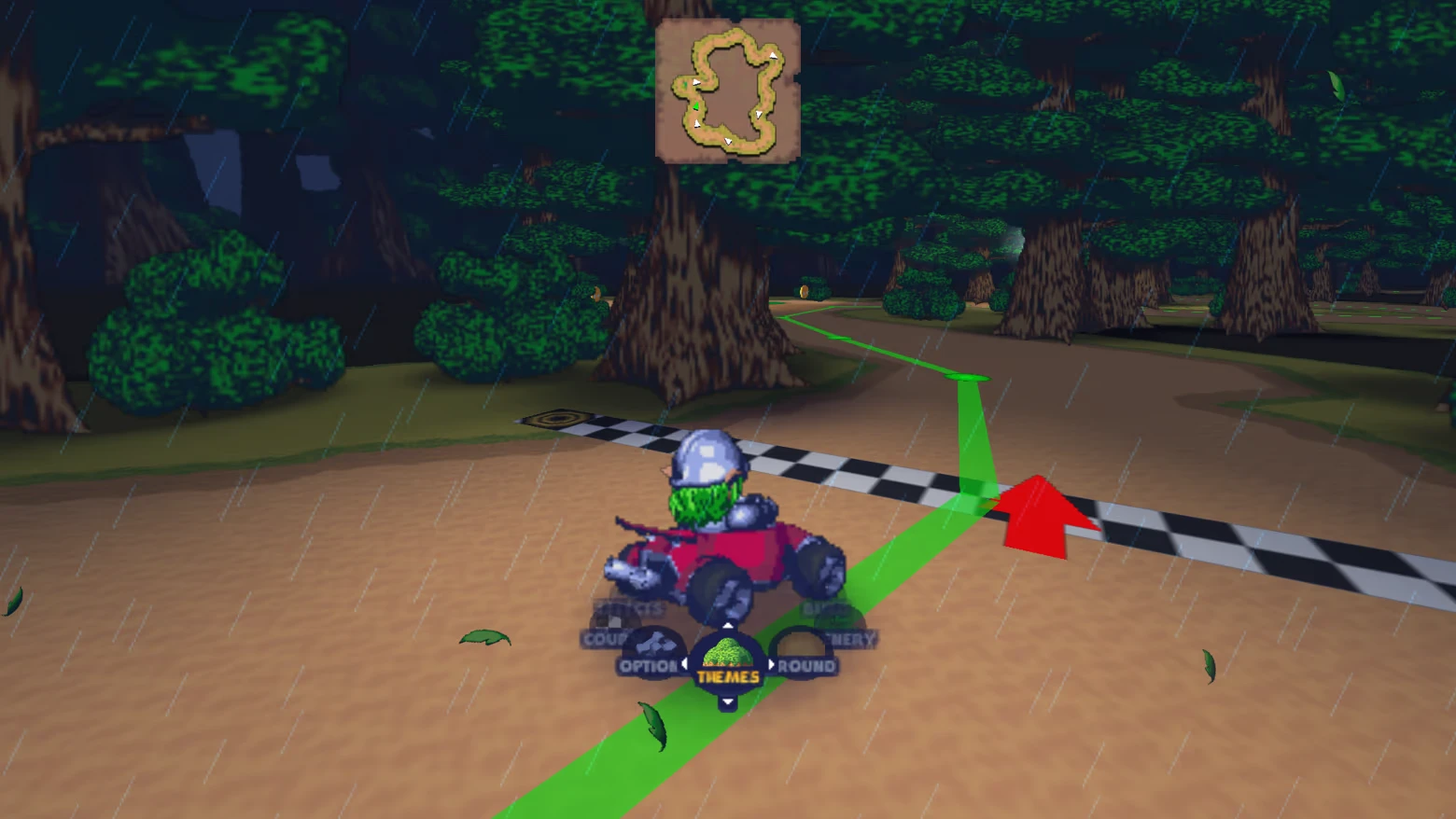Mythic Kart Maker: Rainy forest track with kart at checkered line, green route arrow UI.