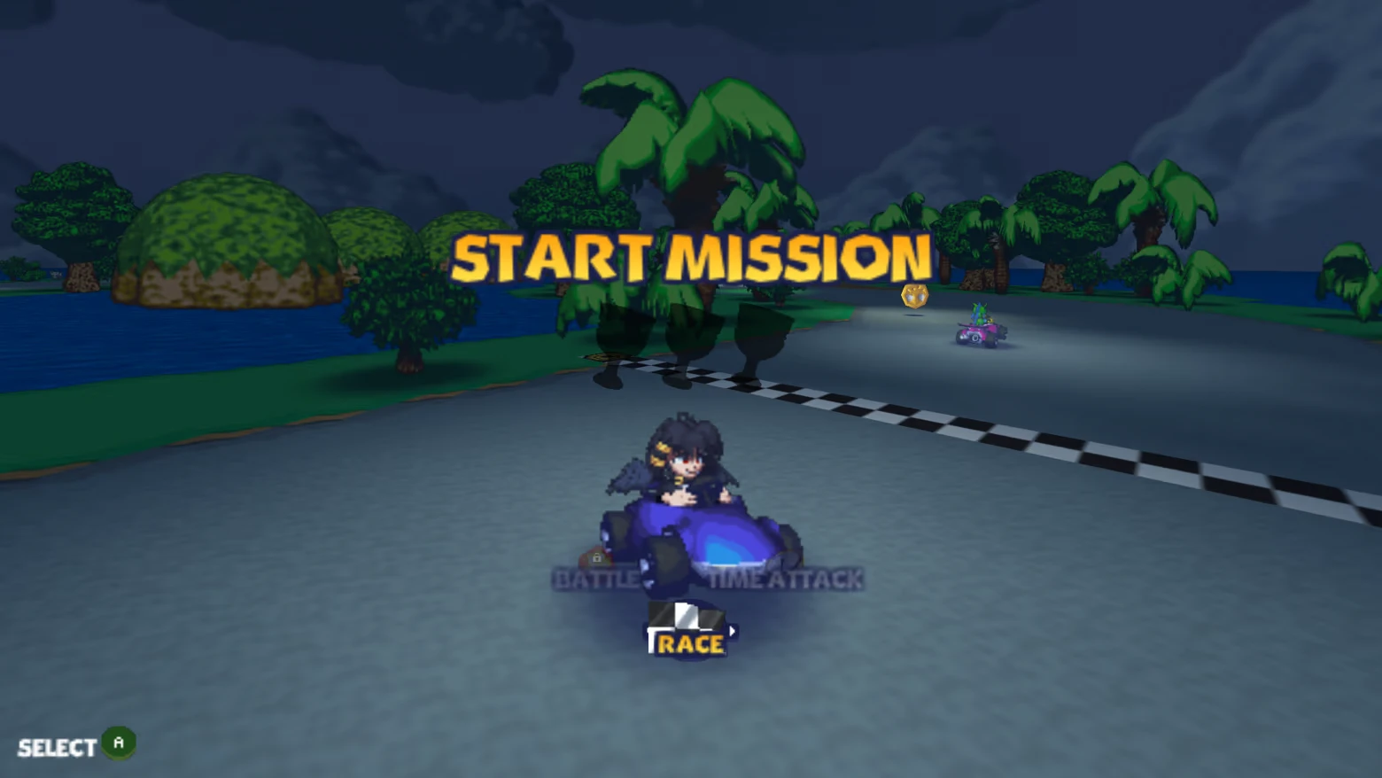 Mythic Kart Maker: “START MISSION” over kart at start line; RACE button below.
