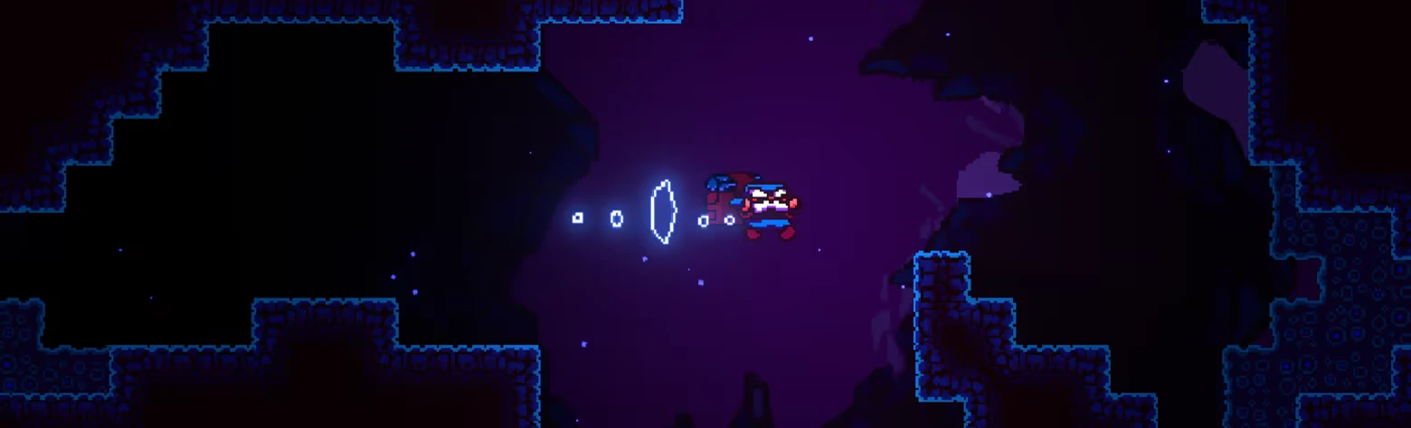 Dash Portal Jump – NAICA NAICA: Pixel character dashing past a glowing blue portal in a purple cave corridor.