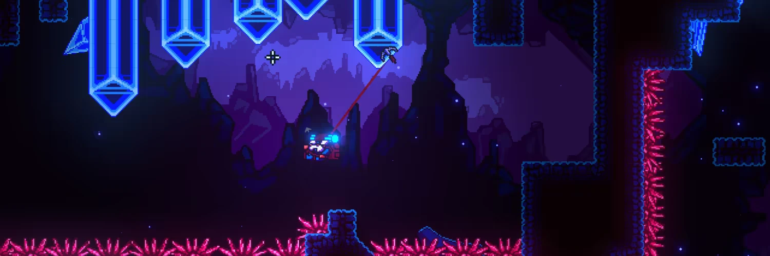 Grappling Crystal Cave – NAICA NAICA: Pixel hero grapples to blue crystal in purple cave above pink spikes.