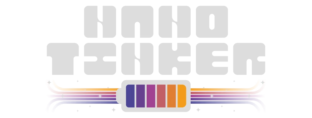 NANOTINKER: Large gray NANOTINKER logo above a multicolor battery icon on black.