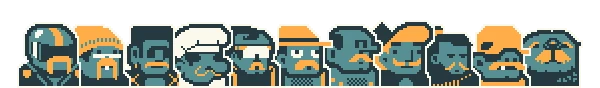 Nautical Survival: Pixel art characters with diverse hats and expressions, in blue and orange.