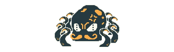Nautical Survival: Pixel art octopus with large eyes and swirling tentacles on a white background.