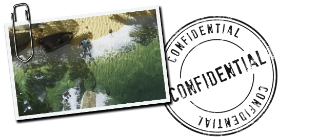 Navy Island Confidential Alpha: Aerial view of a beach with a boat, person, and lush green water.