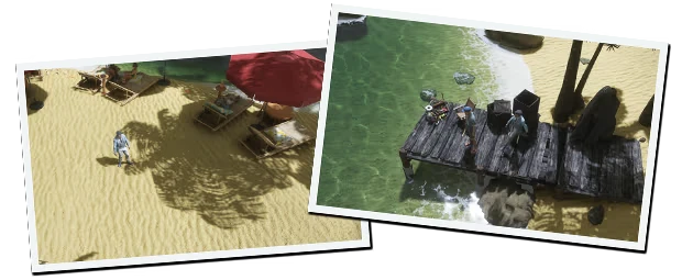 Navy Island Confidential Alpha: Two scenes; sandy beach with loungers, wooden pier over green water.
