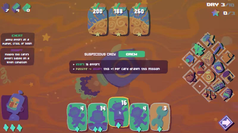 Crew Deck Cards – Negative Space Negative Space: Cartoonish cards with numbers, UI elements, and text on a swirling orange background.