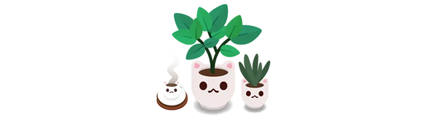 Cat Planter Decor – Nekograms Nekograms: Three cat-faced plant pots with green leaves, and a steaming cat-shaped cup.