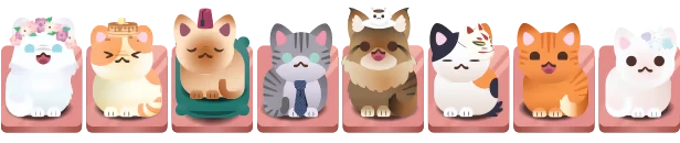 Cats Lineup – Nekograms Nekograms: Seven cute cats with accessories sit on pink cushions, each with unique expressions.