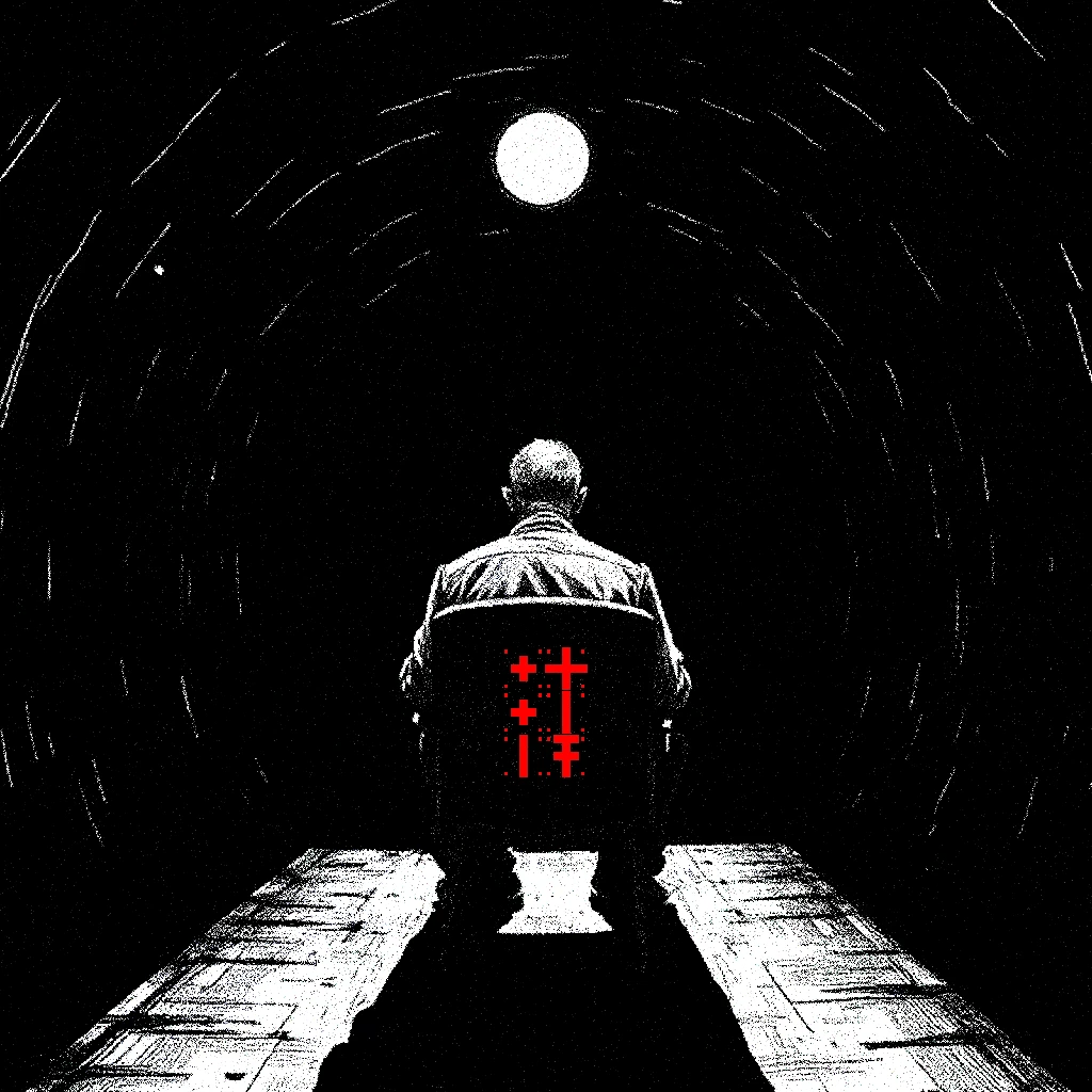 Chair Silhouette – Nekurogahara: Psycho Ronins Nekurogahara: A lone figure sits on a chair under a bright moon, with red symbols on the back.