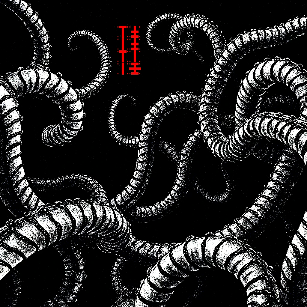Tentacle Spirals – Nekurogahara: Psycho Ronins Nekurogahara: Black and white tentacles on a dark background with red vertical text.