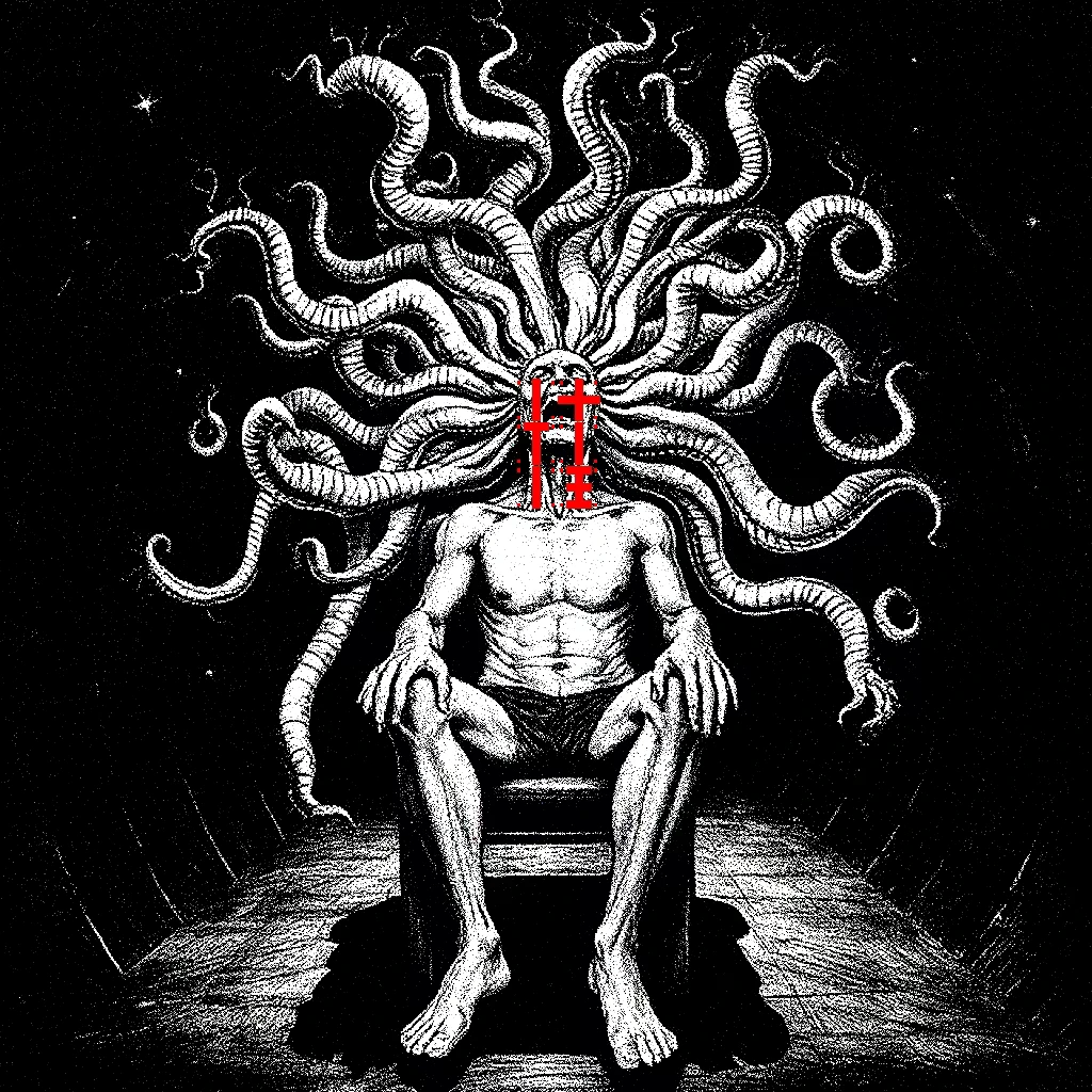 Tentacle Throne – Nekurogahara: Psycho Ronins Nekurogahara: Muscular figure on chair, face obscured by red symbols, surrounded by tentacles.
