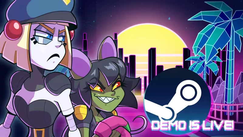 Neo Junk City: Two characters in front of a neon cityscape, "DEMO IS LIVE" text in neon style.