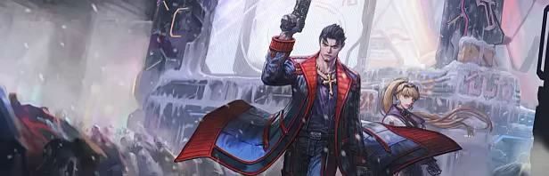 Neon Inferno: A man in a red coat holds a gun, standing with a woman in a snowy, futuristic city.