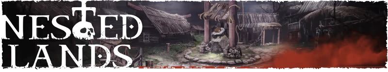 Nested Lands: Logo with skull, medieval village scene, thatched huts, central stone well.