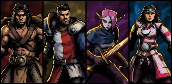 Hero Party Portraits – Netherwyn Netherwyn: Four hero portraits: barbarian, armored knight, pink-haired elf, mage in white robe.