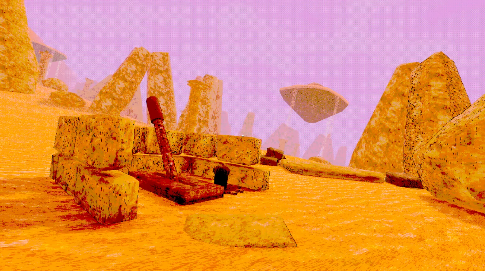Desert Ruins Arena – Neurospasm Neurospasm: Orange stone ruins and blocks under purple sky, with floating rock slab.