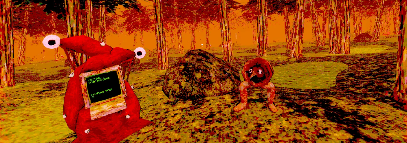 Fleshy Forest Enemies – Neurospasm Neurospasm: Red blob with eye stalks and green-screen terminal beside crawling creature.
