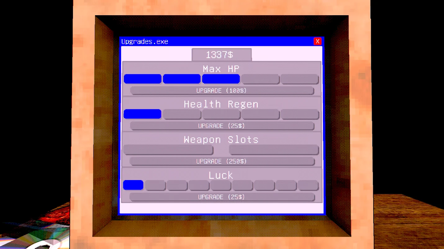 Upgrades Menu – Neurospasm Neurospasm: Upgrades.exe window showing Max HP, Health Regen, Weapon Slots, Luck bars.