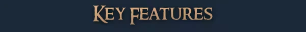 Neverlooted Dungeon: "Key Features" text in bold, stylized gold font on a dark blue background.