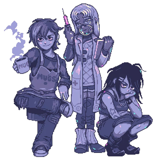 Character Trio Art – Neverway Neverway: Pixel art of three characters; one holds a steaming mug, one a syringe, one crouches.