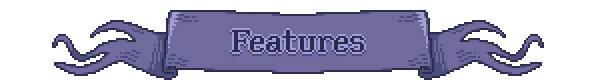 Features Banner – Neverway Neverway: Pixel-art purple banner with curled ends and the word “Features” in gray.
