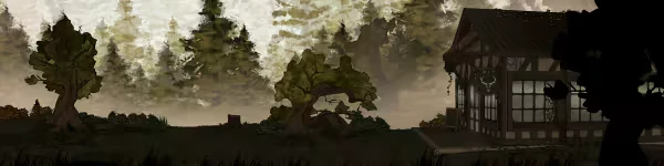 Nightfall Cafe: A misty forest scene with a gnarled tree and a dimly lit, rustic building.