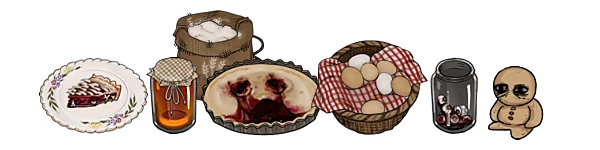 Nightfall Cafe: A pie slice, jam jar, flour sack, pie, egg basket, eyeball jar, and doll.